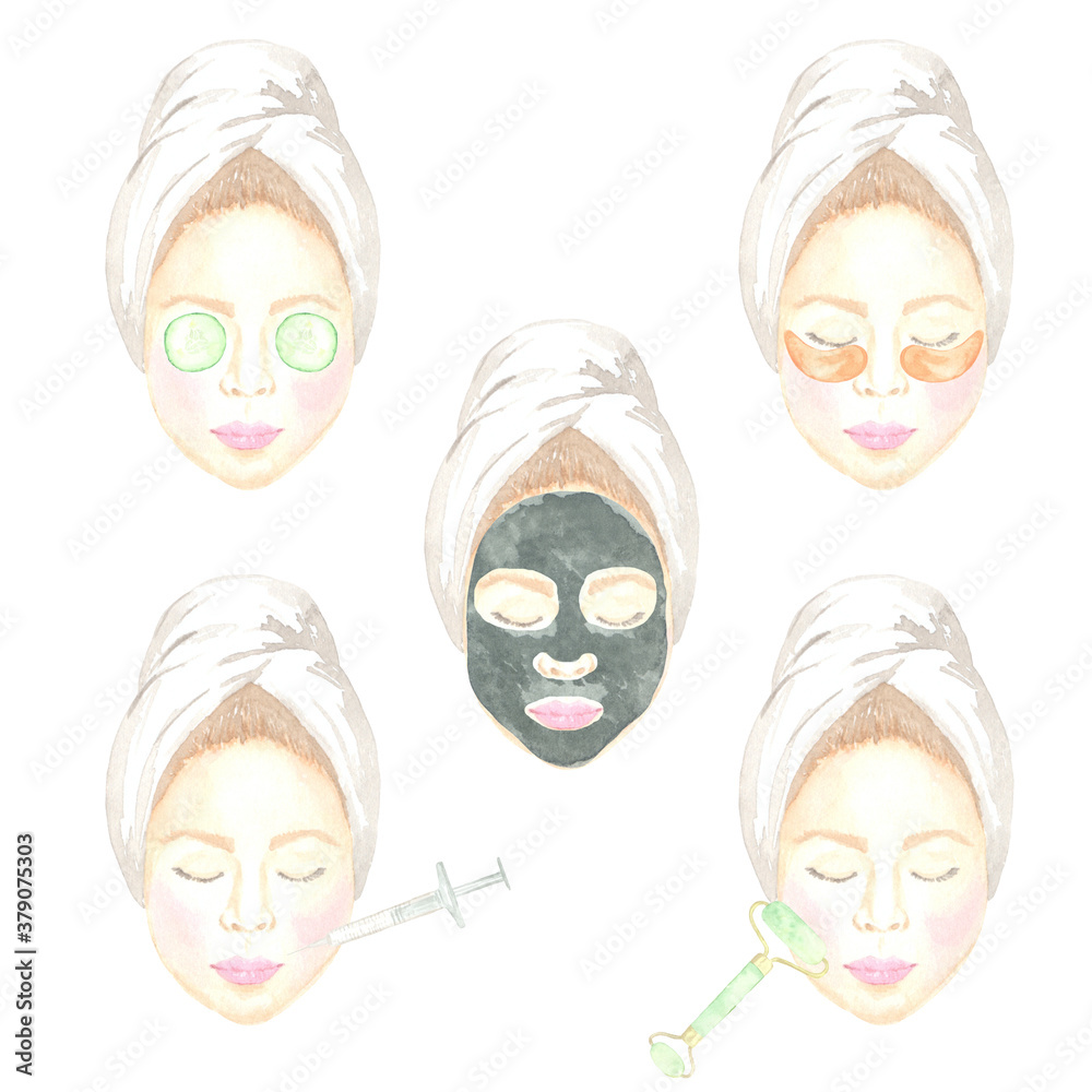 Watercolor illustration of female faces and facial skin care cosmetic procedures. Perfect for print design, planner, web design and other creative ideas. Watercolor illustration of female faces and facial skin care cosmetic procedures. Perfect for print design, planner, web design and other creative ideas.