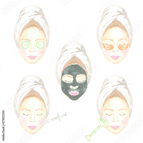 Watercolor illustration of female faces and facial skin care cosmetic procedures. Perfect for print design, planner, web design and other creative ideas.