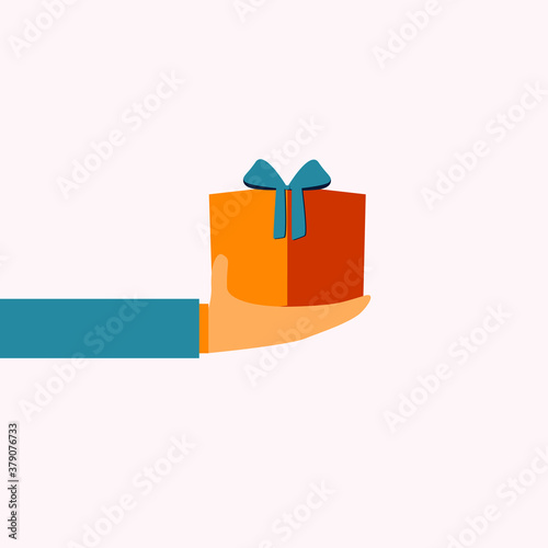 Hand giving christmas gift box vector illustration. Flat style. Simple vector graphic. Special offer. Gifts delivery.