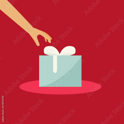 Hand opening christmas gift on dark red background. Man/woman/child open present. Flat vector illustration.