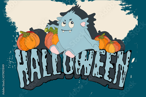 Halloween A cute cheerful blue monster sits on an inscription with orange pumpkins on a blue background in retro style.
			 photo