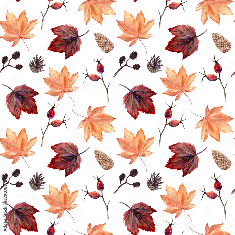 Watercolor hand painted seamless pattern with autumn leaves, alder branches, cones and rose hip beries on white background. Perfect for fall or thanksgiving design. Digital Paper for wrapping, textile