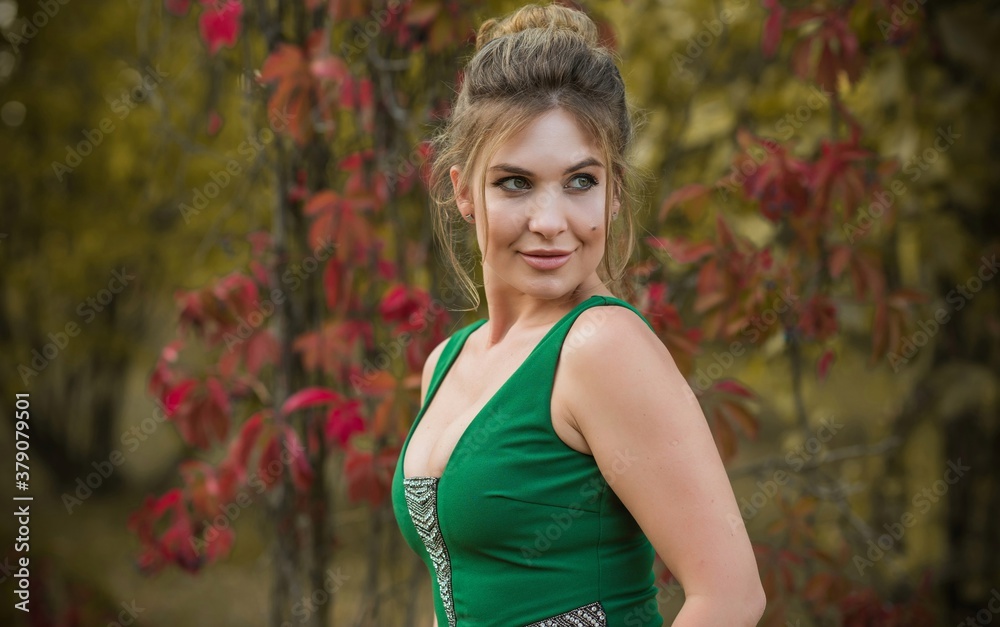 Elegant woman in green dress, woman outfit. Fancy style for ladies, autumn colors and fashion details. pretty colors Elegant woman in green dress, woman outfit. Fancy style for ladies, autumn colors and fashion details. pretty colors