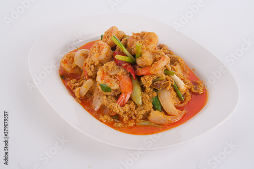 Stir Fried Shrimp with Curry Powder in white dish on table