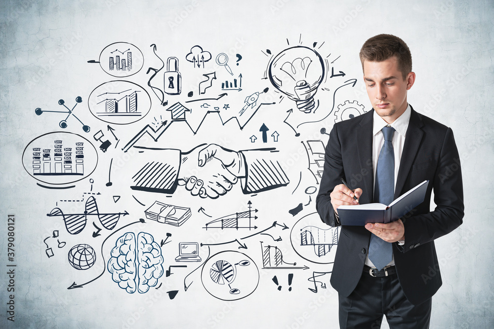Man taking notes, business sketch