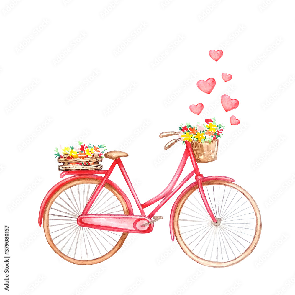 Watercolor romantic red retro bike with heart
