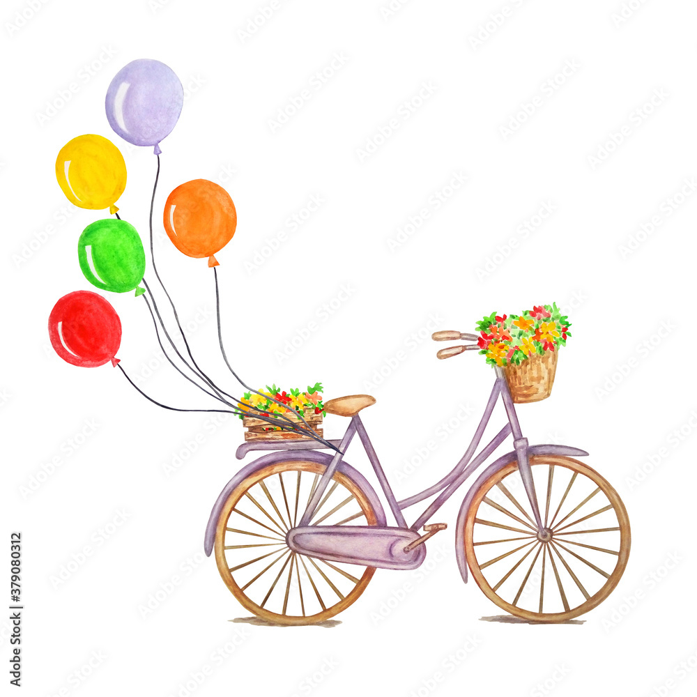 Retro purple bicycle with colorful air balloons