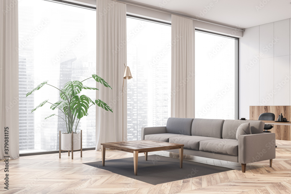 Fototapeta premium White and wooden living room corner with sofa