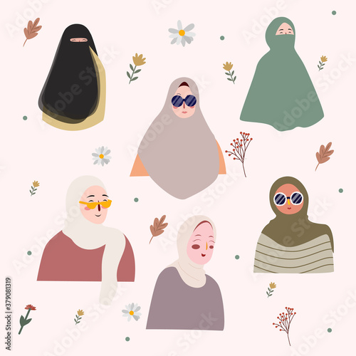 Islamic women set collection wearing muslim dress hijab niqab nature flower background with flat cartoon style