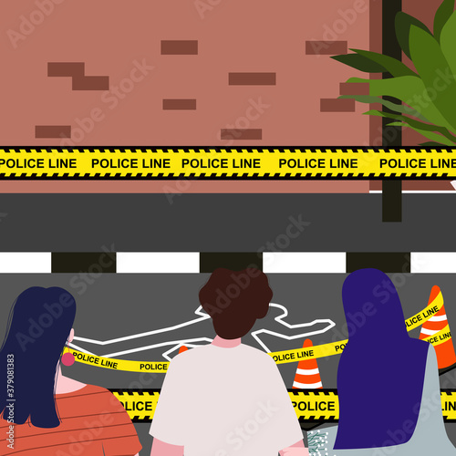 People watch location victim traffic accident on street police line forbidden with flat cartoon style