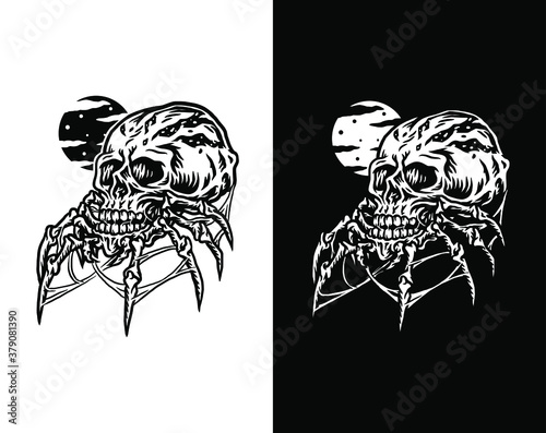 Vector illustration of spider skull, isolated on dark and bright background