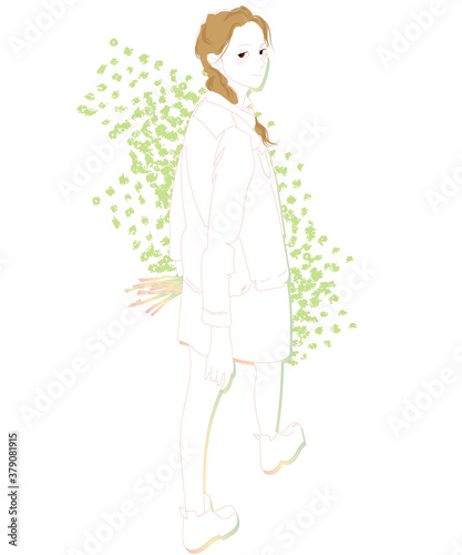 振り返る女性、ひとり歩きの散歩姿のイラスト、白い
