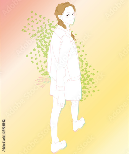 振り返る女性、ひとり歩きの散歩姿のイラスト