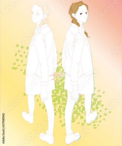 振り返る女性、二人で歩く散歩姿のイラスト、背景