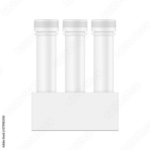 Plastic effervescent tablets, medical or energy drink tubes with paper box, isolated on white background. Vector illustration
