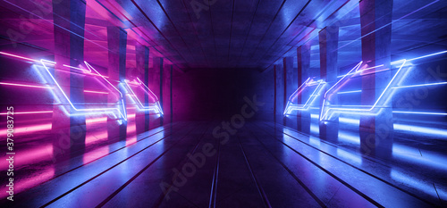 Fototapeta Naklejka Na Ścianę i Meble -  Large Retro Futuristic Sci Fi Hangar Garage Spotlights Neon Lasers Purple Blue Glowing Empty Warehouse Tunnel Corridor Concrete Floor With Columns background Modern 3D Rendering