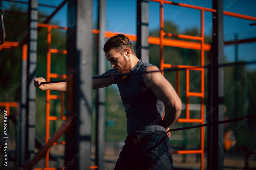 Athletic young man maker workout in morning Athletic young man maker workout in morning