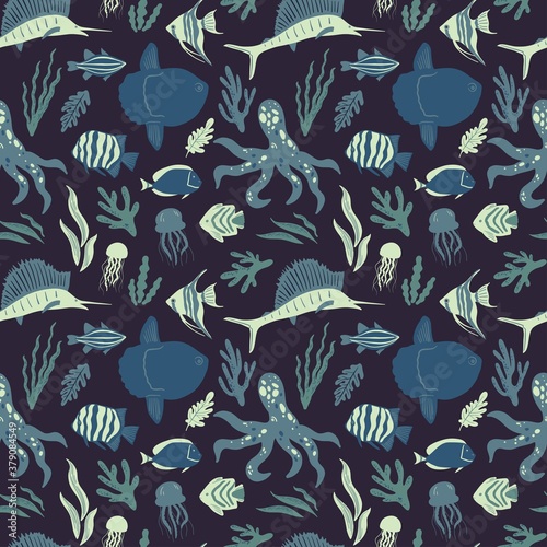 Seamless doodle sea life pattern. Hand drawn print with mola, fish, seaweed, corals, jellyfish, octopus, swordfish for fabric