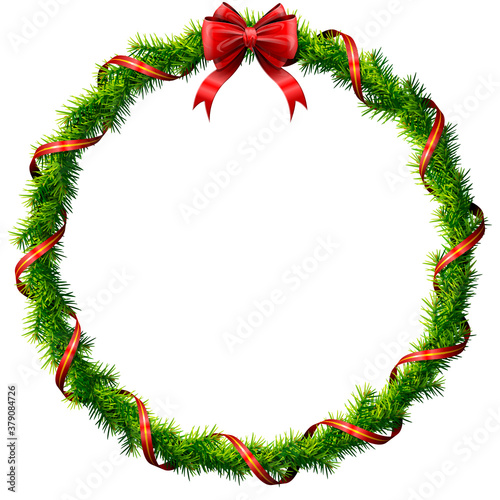 Thin christmas wreath with red bow and ribbon. Round frame of pine branches isolated on white background. Vector illustration for christmas, new year's day, decoration, winter holiday, design, etc