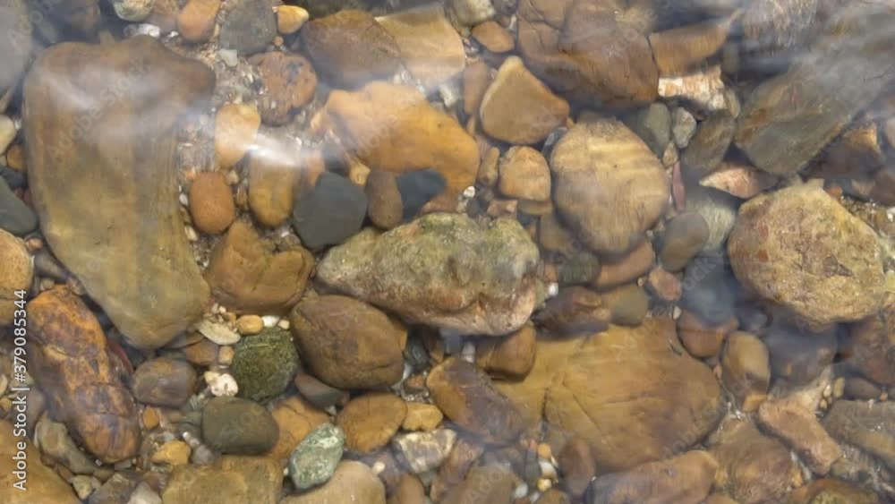pebble or gravel and round stone beach in stream or flow river and shallow pond with sea to clear transparent by clean water wave on top view or foot spa and nature massage and for texture background pebble or gravel and round stone beach in stream or flow river and shallow pond with sea to clear transparent by clean water wave on top view or foot spa and nature massage and for texture background