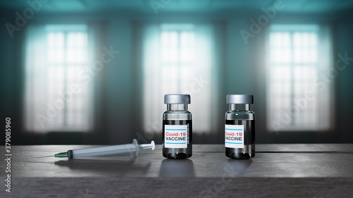 3d render illustration of COVID 19 vaccine bottles with syringe injection 