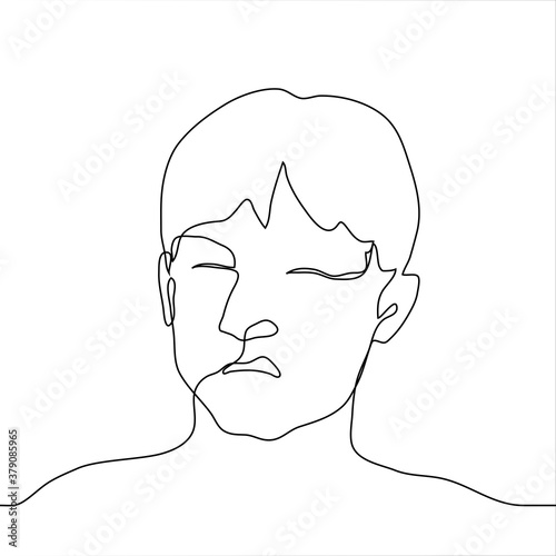 portrait of a man with narrowed eyes and a grimace of disgust on his face. one continuous line drawing concept of emotion of disgust