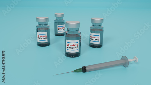 3d render illustration of COVID 19 vaccine bottles with syringe injection 
