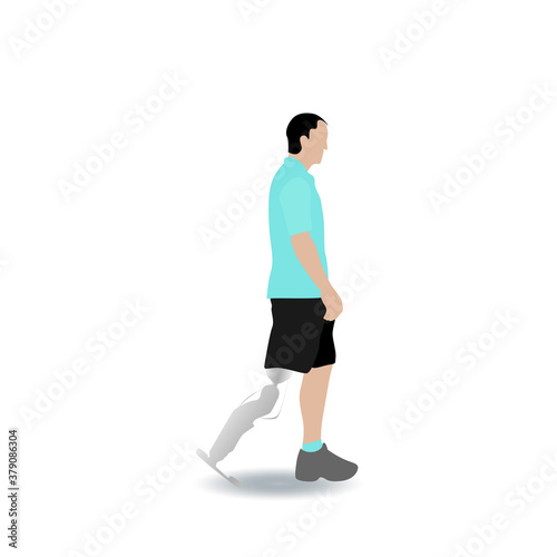 Man with leg prothesis walking isolated on white background