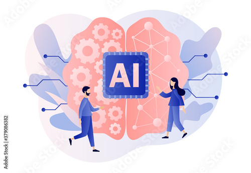 Artificial intelligence concept. Digital brain with neural network and tiny people. AI chip, machine learning, analysis information. Modern flat cartoon style. Vector illustration on white background