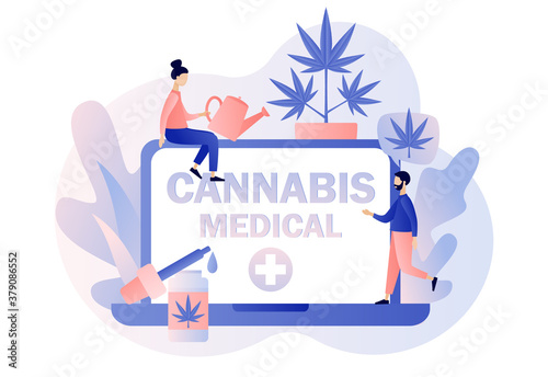 Cannabis medical online sale. CBD cultivation business, distribution of hemp products, marijuana sales market.  Screen template for mobile smart phone. Modern flat cartoon style. Vector illustration