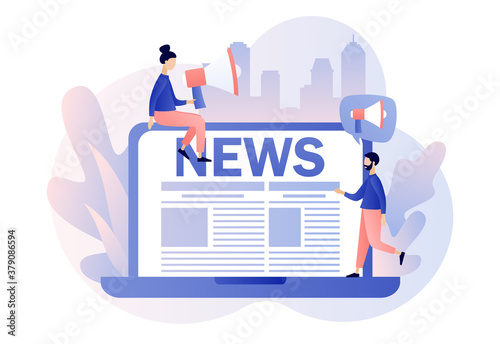 News. Tiny people read breaking news online using laptop. Modern flat cartoon style. Vector illustration on white background