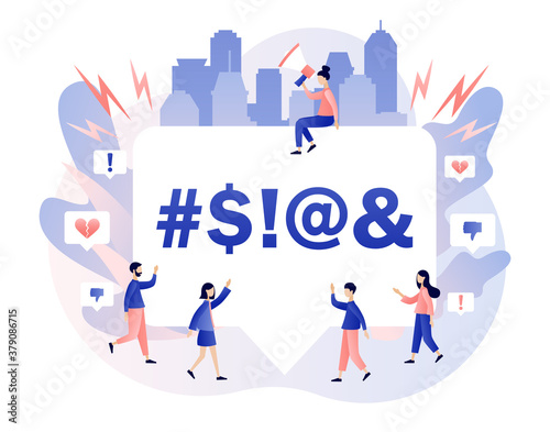 Cyberbullying. Haters online. Bullying internet, trolling and hate speech. Tiny people put dislikes and write negative comments. Modern flat cartoon style. Vector illustration on white background