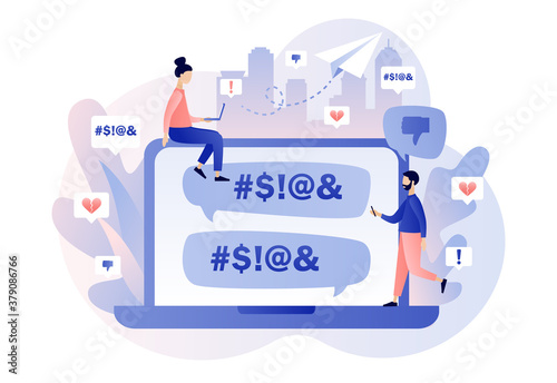 Haters online. Cyberbullying, bullying internet, trolling and hate speech. Tiny people put dislikes and write negative comments on laptop. Modern flat cartoon style. Vector illustration 