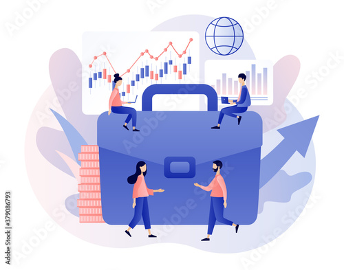 Trading online. Tiny people buy, sell and make up the portfolio cryptocurrency, stocks and bonds for forex. Business, finance and trade. Modern flat cartoon style. Vector illustration 
