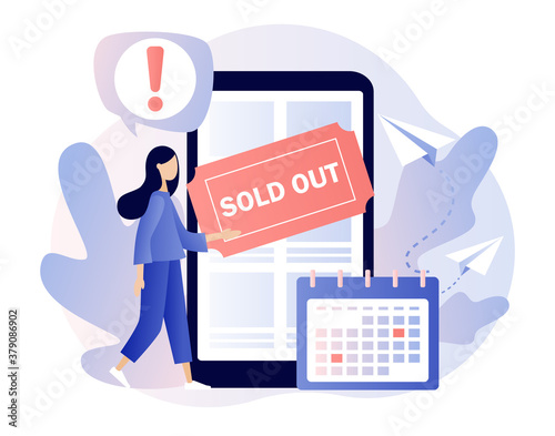 Sold-out event, sold-out crowd, no tickets available concept. Tiny girl use online booking system in smartphone app. Modern flat cartoon style. Vector illustration on white background