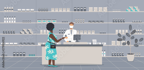Pharmacy interior with people during virus epidemic. Pharmacist in face mask behind counter serve plump afro woman in protective mask. Druggist talk to customer in drugstore.Vector illustration