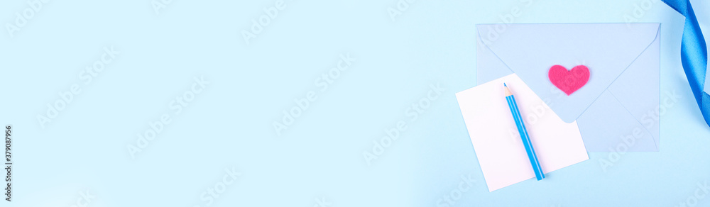 Pencil and letter with envelope, writing mail, isolated on blue background, copy space template, banner. Pencil and letter with envelope, writing mail, isolated on blue background, copy space template, banner.