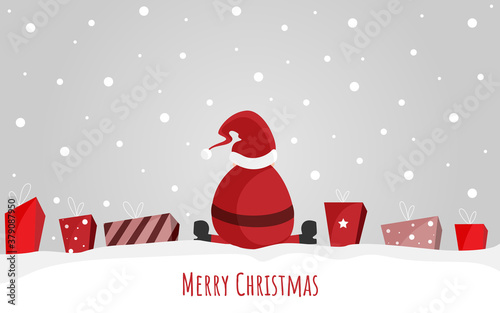 Merry Christmas - Weihnachtsmann sitzt im Schnee zwischen Geschenken. Geschenkkarte. Banner. Grau