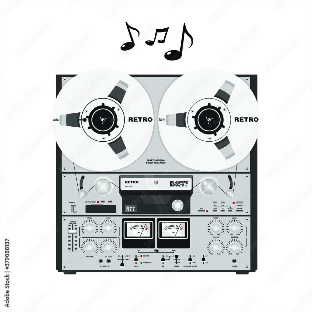 Vintage Bobbin Tape recorder. Audio player. Vector illustration.