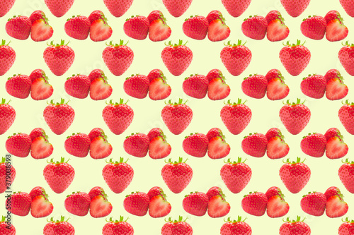 Seamles strawberry pattern on colorful background, top view, flat lay