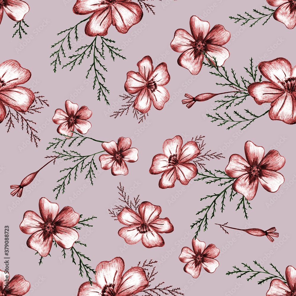 Seamless Pattern with Hand-Drawn Flower. Background with Thin-leaved Marigolds for Print, Design, Holiday, Wedding and Birthday Card. Seamless Pattern with Hand-Drawn Flower. Background with Thin-leaved Marigolds for Print, Design, Holiday, Wedding and Birthday Card.