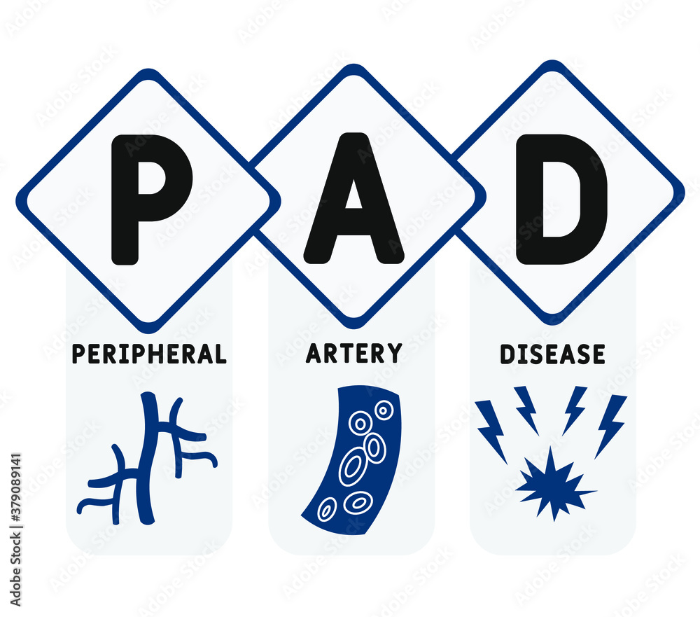 PAD - Peripheral Artery Disease. acronym, medical concept background. vector illustration concept with keywords and icons. lettering illustration with icons for web banner, flyer, landing page PAD - Peripheral Artery Disease. acronym, medical concept background. vector illustration concept with keywords and icons. lettering illustration with icons for web banner, flyer, landing page