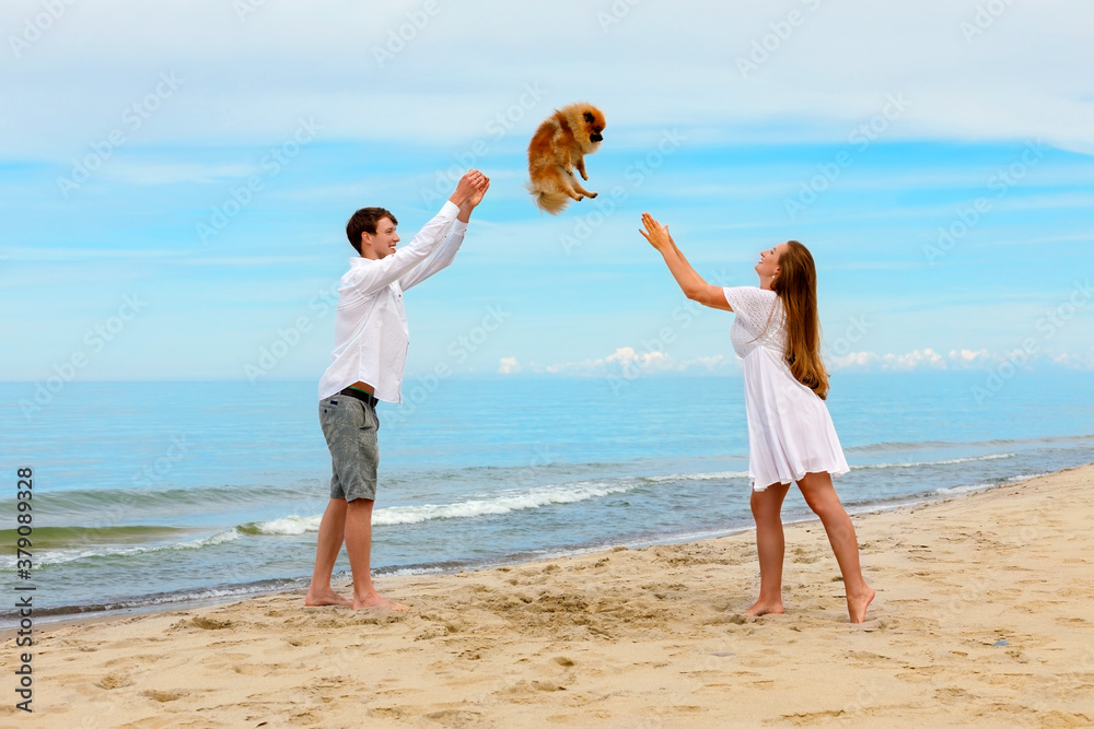 Couple of young people play with their dog Couple of young people play with their dog