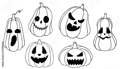 Vector illustration. Set of cute pumpkins of different shapes with faces isolated on white. Hand drawn simple doodle clipart in a trendy style. Halloween theme. For menu, logo, banner, cards, pattern