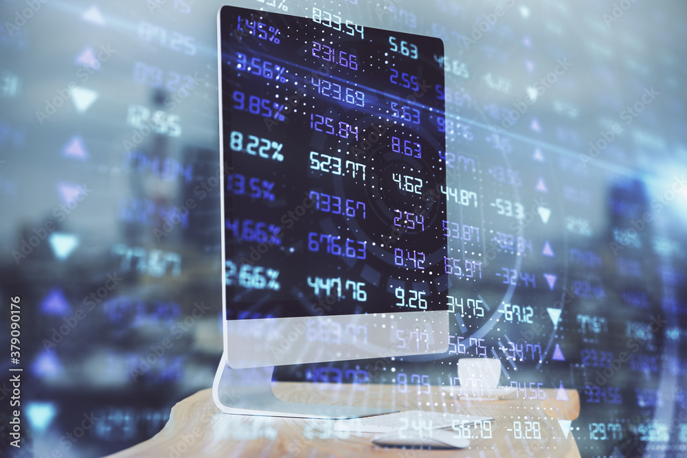 Financial chart drawing and table with computer on background. Multi exposure. Concept of international markets. Financial chart drawing and table with computer on background. Multi exposure. Concept of international markets.