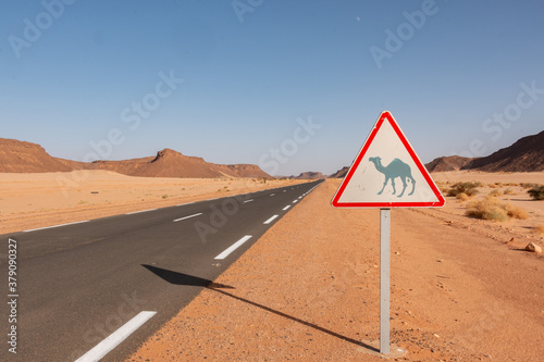 warning sign camels in desert algerian sahara Tassili n'Ajjer