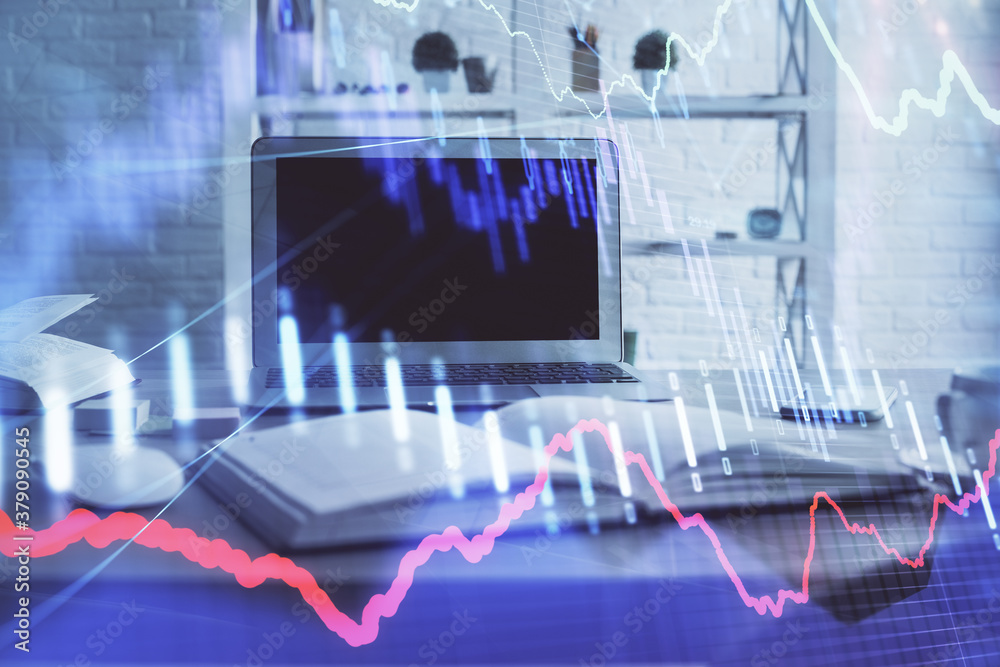 Stock market graph on background with desk and personal computer. Double exposure. Concept of financial analysis.