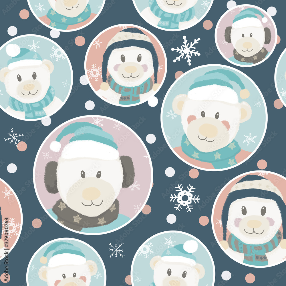 Christmas pattern with teddy bear portraits in circles. Christmas pattern with teddy bear portraits in circles.