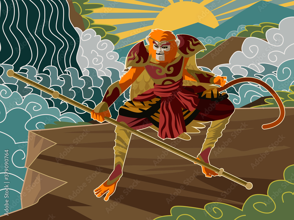 Sun Wukong the monkey king chinese mythology warrior tale Stock Vector