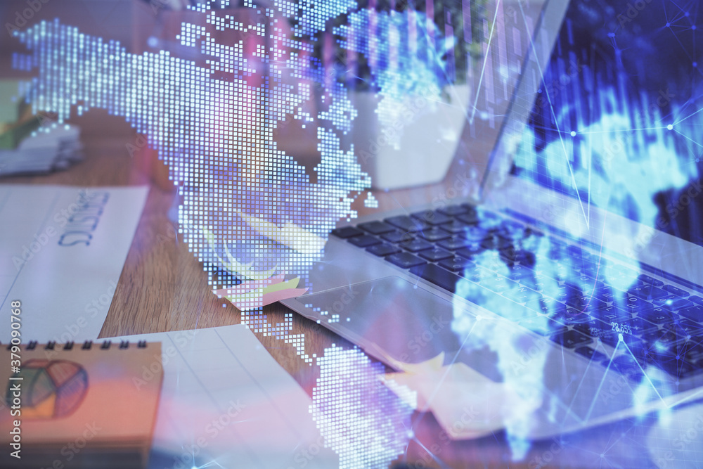 Multi exposure of forex graph and work space with computer. Concept of international online trading. Multi exposure of forex graph and work space with computer. Concept of international online trading.